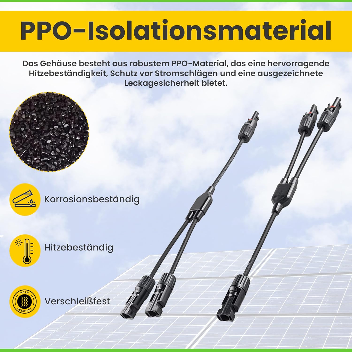 2-Wege Y-Verbinder-Set für Solarmodule mit 34 cm 6mm² Kabelverlängerung, Snap-In Verriegelung, Easy-Click System, IP67 Schutzklasse, bis zu 1000V DC, für Outdoor-Solaranlagen (1 Paar)