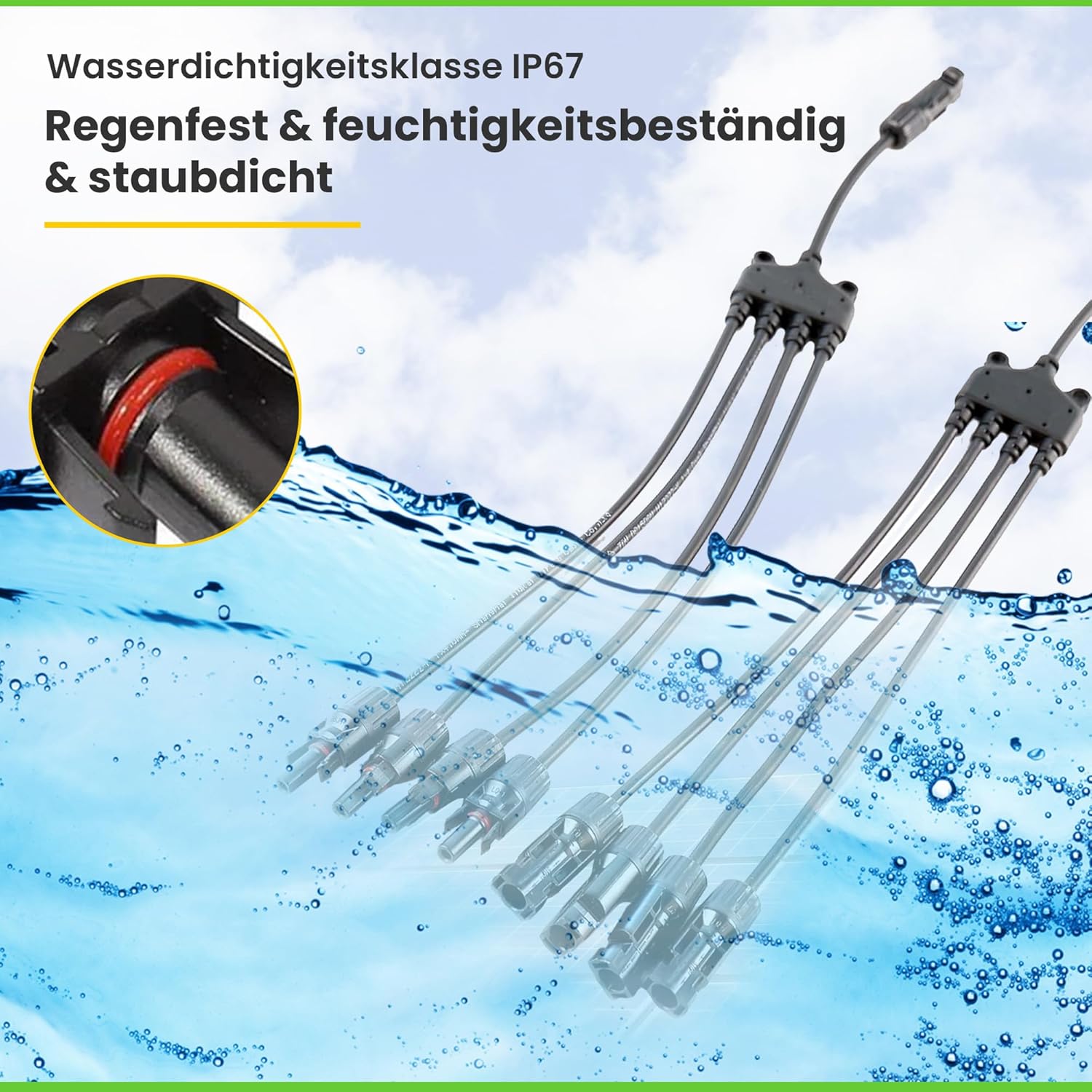 4-fach T-Verbinder-Set für Solarmodule mit 54 cm 6 mm² Kabelverlängerung, Snap-In Verriegelung, Easy-Click System, IP67 Schutzklasse, bis zu 1000V DC, für Outdoor-Solaranlagen (1 Paar)