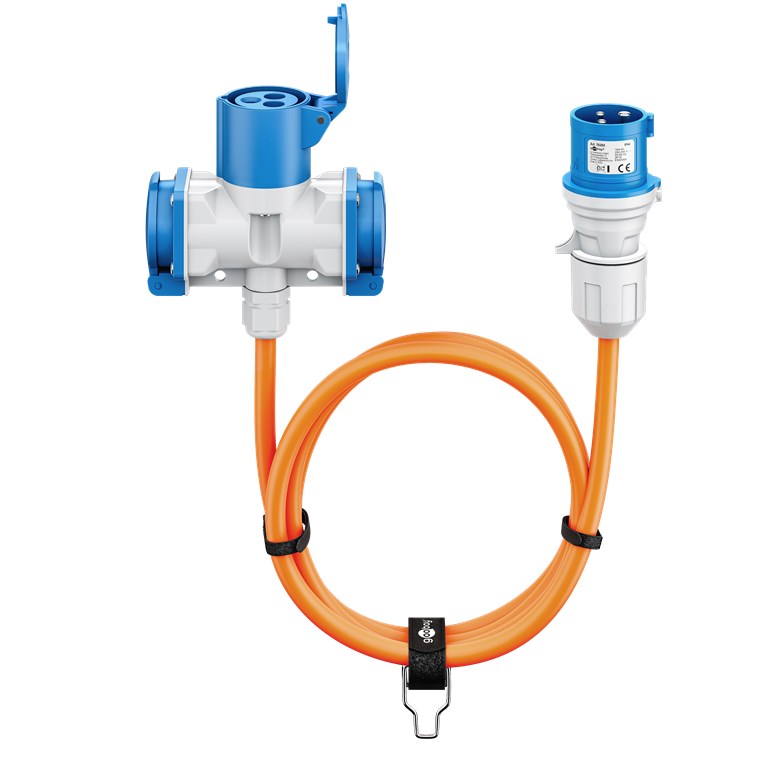 goobay CEE-Adapterkabel für Wohnwagen 10 m CEE-Stecker auf 1 x CEE-Buchse und 2 x Schutzkontaktsteckdose, IP 44, Kabel für Camping, Wohnmobil und Baustelle