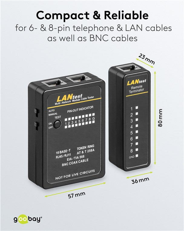 Netzwerktester LAN Tester / Leitungstester RJ45 - RJ11 - RJ12 - ISDN - CAT5 - CAT6 - BNC / Netzwerk Kabeltester / Netzwerk Tester / Netzwerk Messgerät / Schwarz