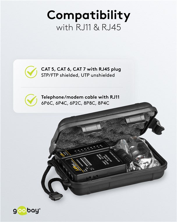 Netzwerktester LAN Tester / Leitungstester RJ45 - RJ11 - RJ12 - ISDN - CAT5 - CAT6 - BNC / Netzwerk Kabeltester / Netzwerk Tester / Netzwerk Messgerät / Schwarz