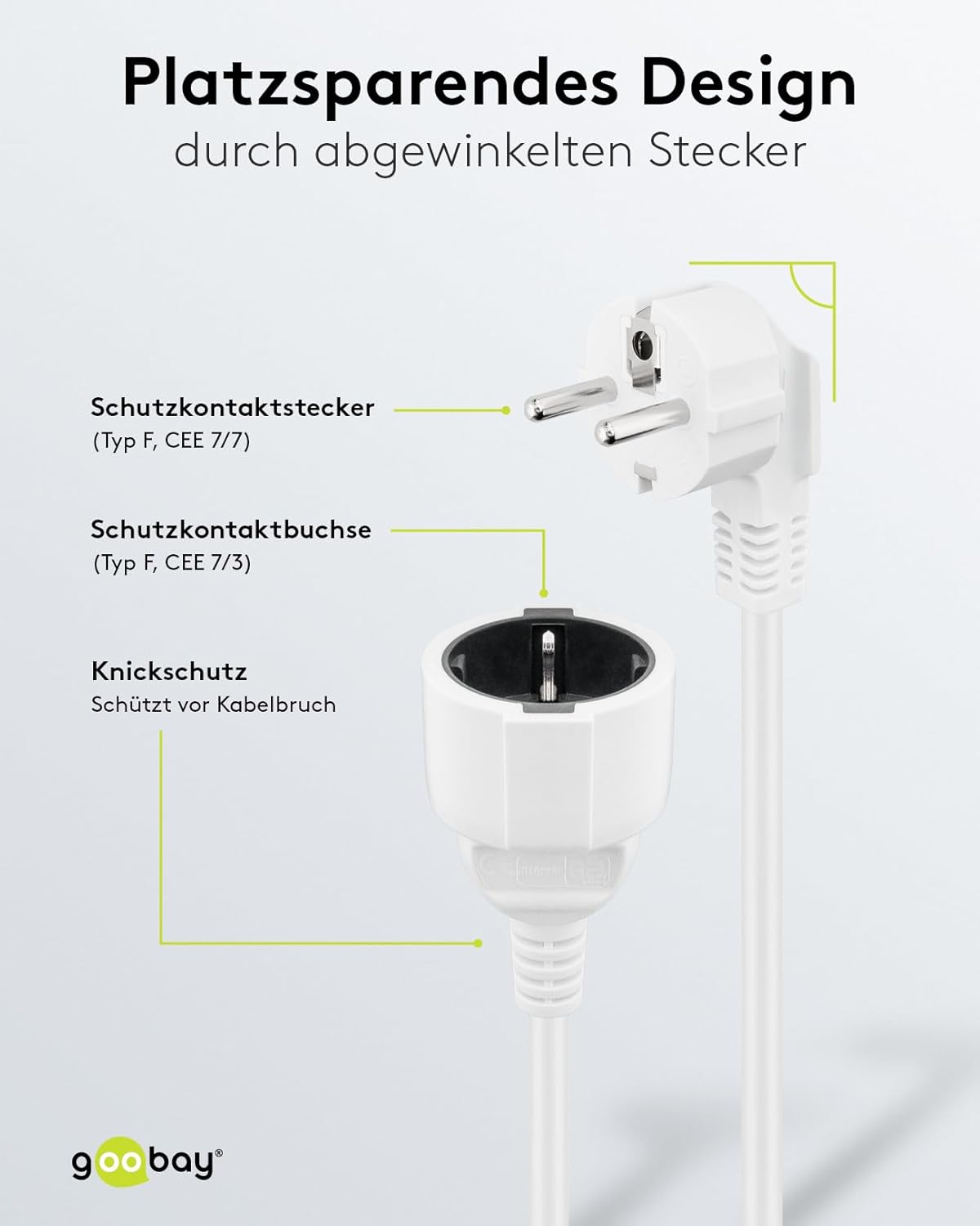 Goobay Gewinkeltes Strom Verlängerungskabel / Schutzkontakt Stecker 250V Schutzkontakt 2 Meter Stromkabel Verlängerung für Innenbereich / Weiß / 2m