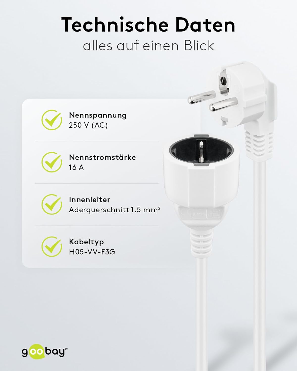 Goobay Gewinkeltes Strom Verlängerungskabel / Schutzkontakt Stecker 250V Schutzkontakt 2 Meter Stromkabel Verlängerung für Innenbereich / Weiß / 2m