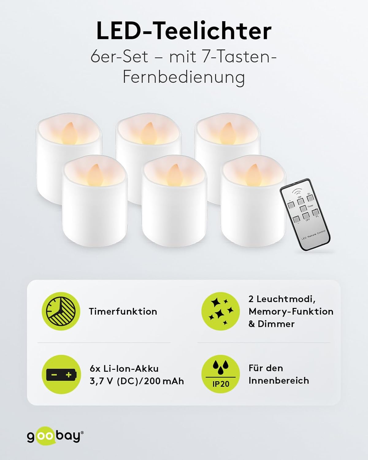 6er Set LED Teelichter/Akku Kerzen mit Timer/Aufladbare USB Teelichter / Kunststoffteelichter mit Akku / 6 kleine LED Kerzen wiederaufladbar, Weiß