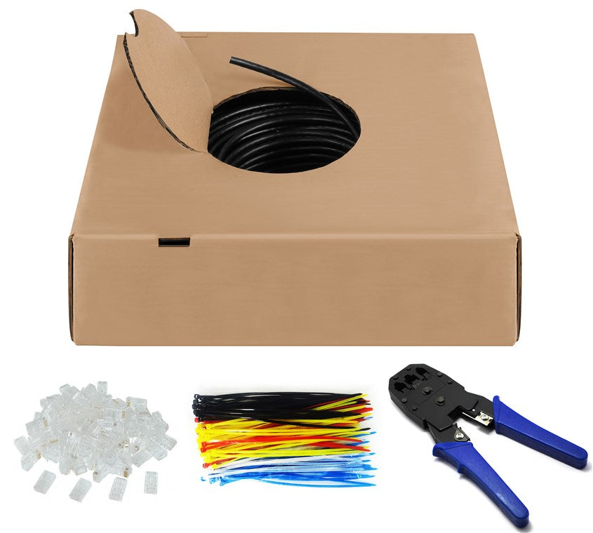 100m CAT 6 Outdoor Netzwerkkabel-Set, U/UTP, Schwarz, CCA Kupfergemisch für SOHO Anwendungen, AWG 24/1 (solid), PE
