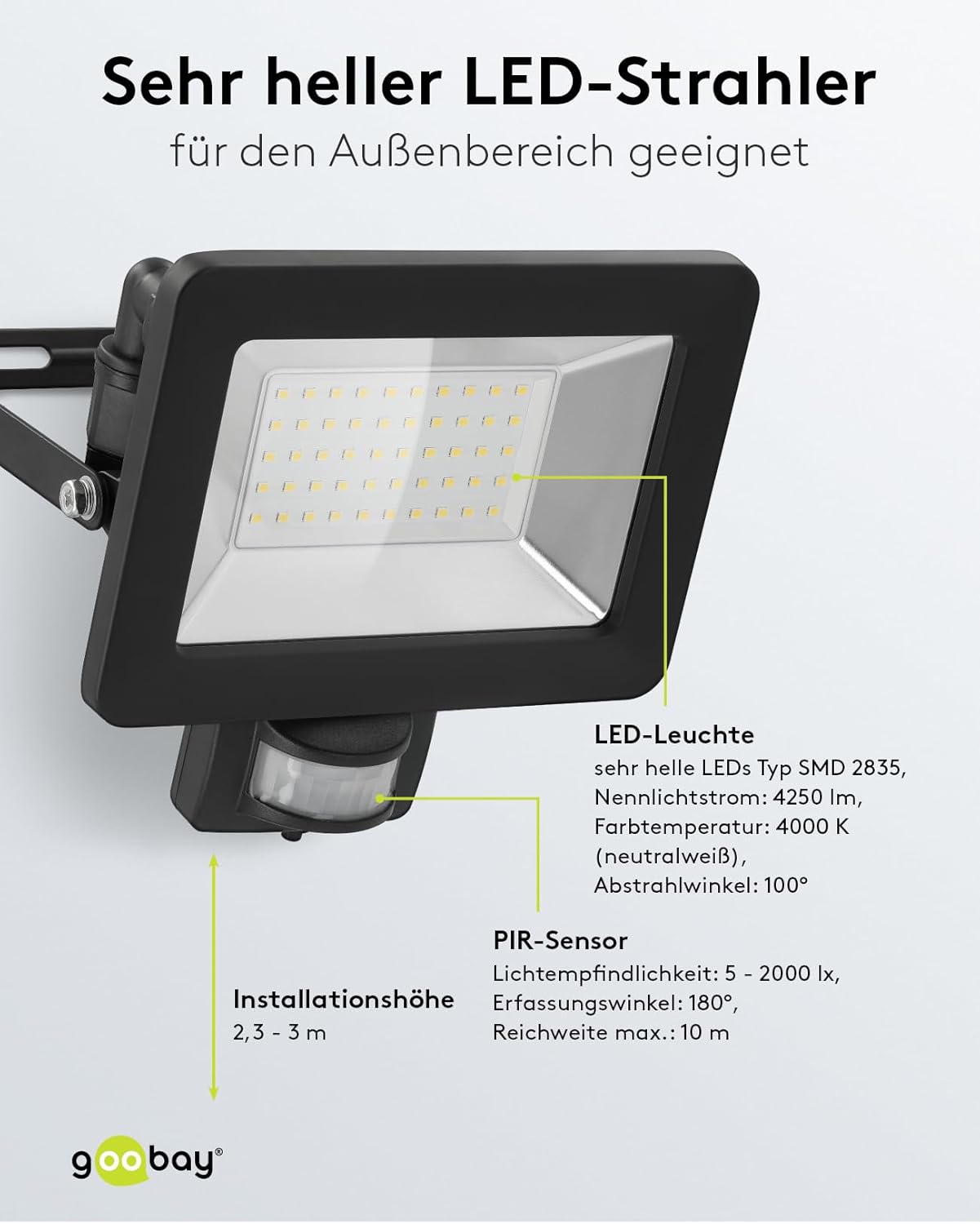 LED Strahler Bewegungsmelder Außen 50W / PIR Sensor Außenstrahler IP44 / Neutralweißes Licht 4250 lm / LED Scheinwerfer Fluter Wandmontage / Gartenstrahler / Schwarz