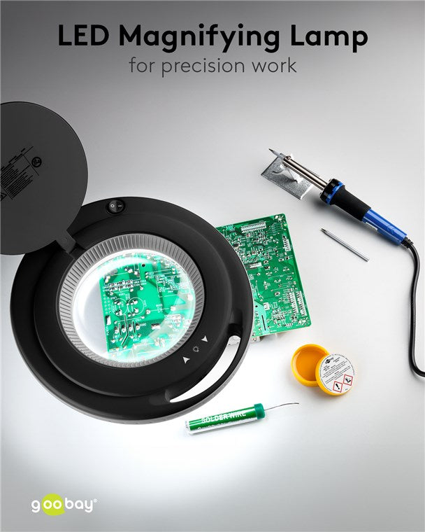 goobay LED Lupenleuchte mit Klemme / 9 W Leistungsaufnahme / 127 mm Kristall-Glaslinse/Farbtemperatur 6400 K / 1.75x Vergrößerung / Lichtstrom 83-730 Lumen / Schwarz