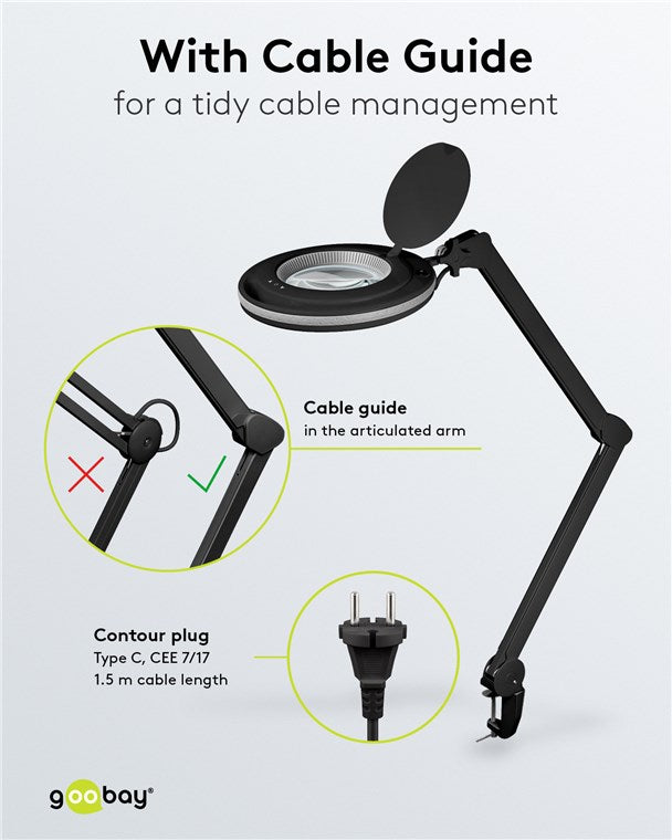 goobay LED Lupenleuchte mit Klemme / 9 W Leistungsaufnahme / 127 mm Kristall-Glaslinse/Farbtemperatur 6400 K / 1.75x Vergrößerung / Lichtstrom 83-730 Lumen / Schwarz