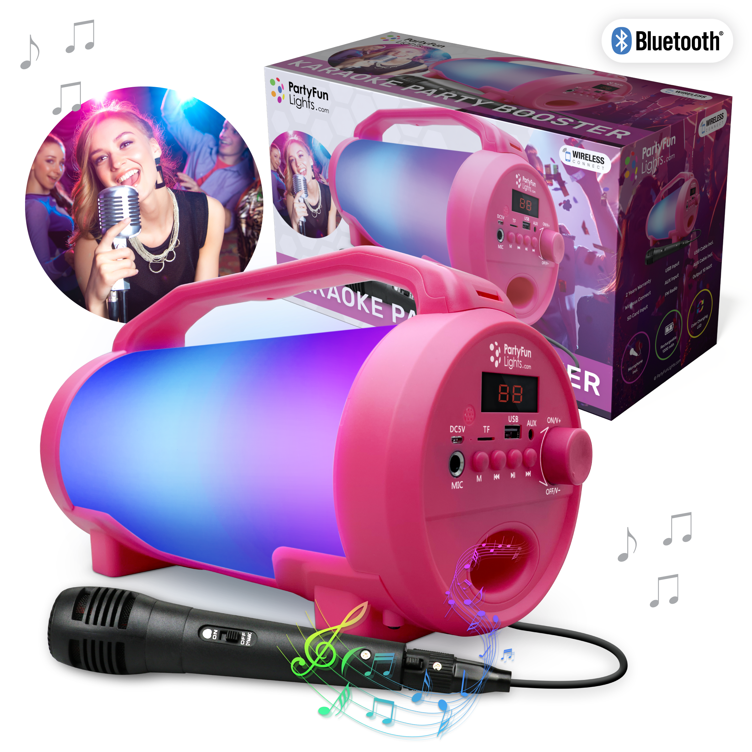 Bluetooth Lautsprecher, mit Mikrofon,12000mAh, Mini USB, AUX, Tragegriff, Pink