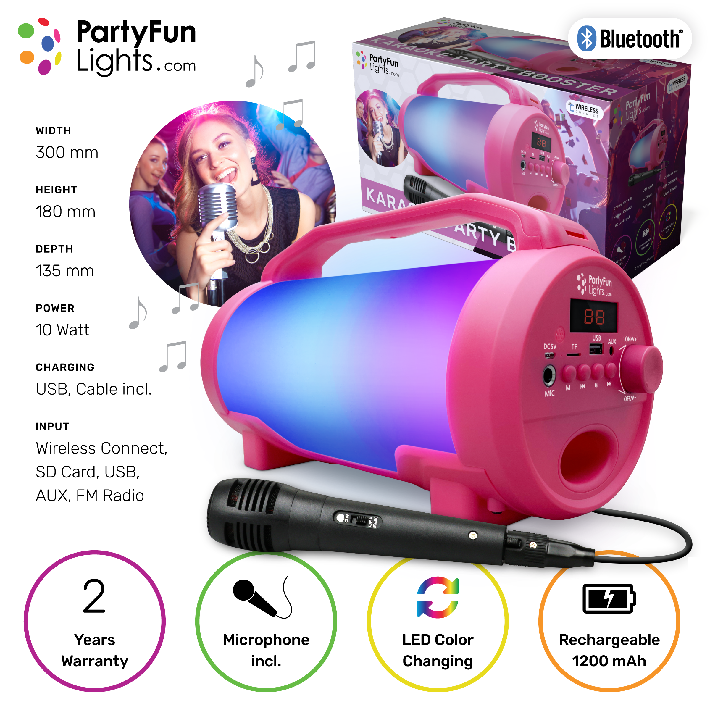Bluetooth Lautsprecher, mit Mikrofon,12000mAh, Mini USB, AUX, Tragegriff, Pink