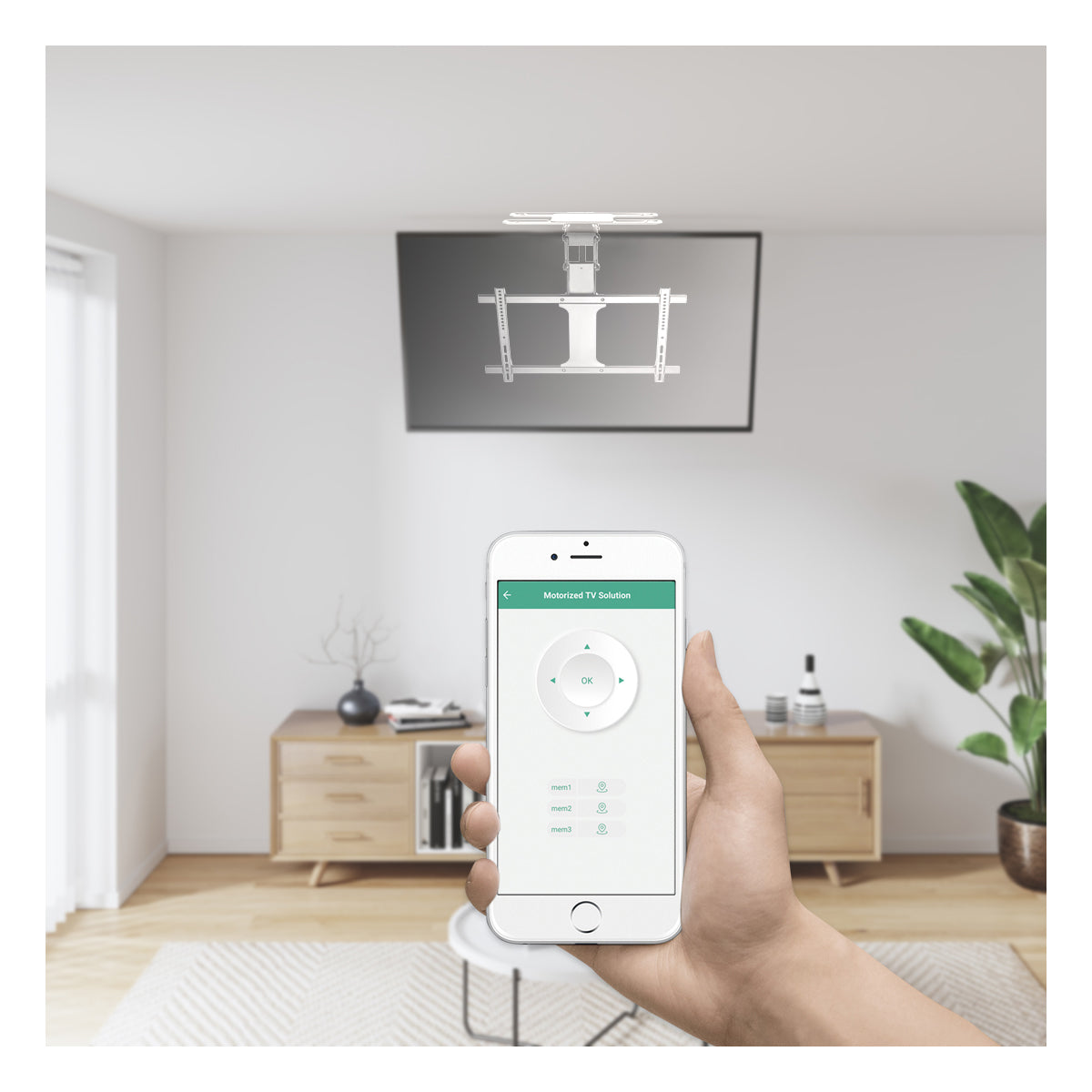 my wall Motorisierter TV Deckenhalter - HL49MWL Smart Home, Alexa und Google Home Kompatibel, Sprachsteuerung, TV Deckenhalterung elektrisch, Klappbar, Schwenkbar, Fernbedienung oder App Steuerung
