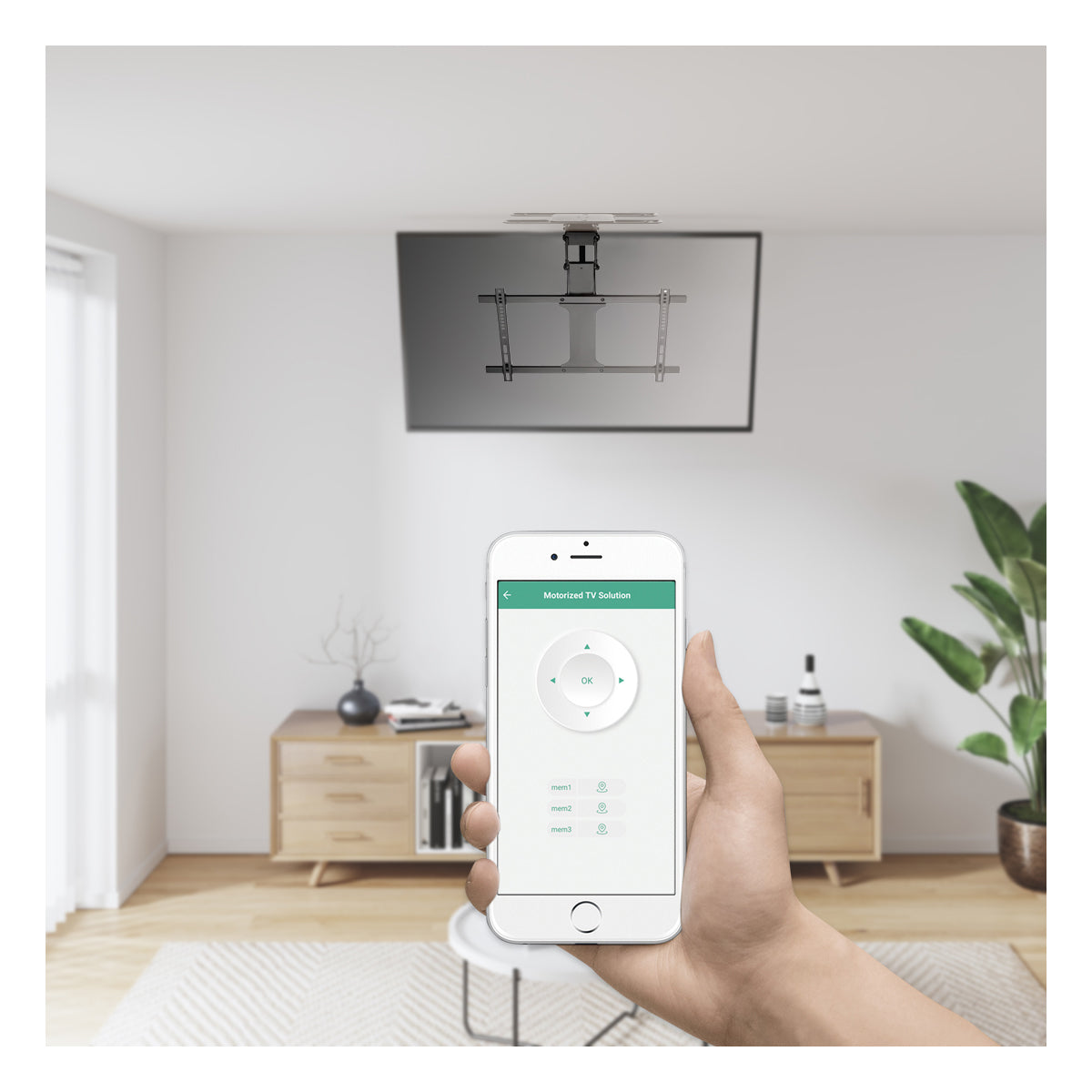 my wall Motorisierter TV Deckenhalter - HL49ML Smart Home, Alexa und Google Home Kompatibel, Sprachsteuerung, TV Deckenhalterung elektrisch, Klappbar, Schwenkbar, Fernbedienung oder App Steuerung