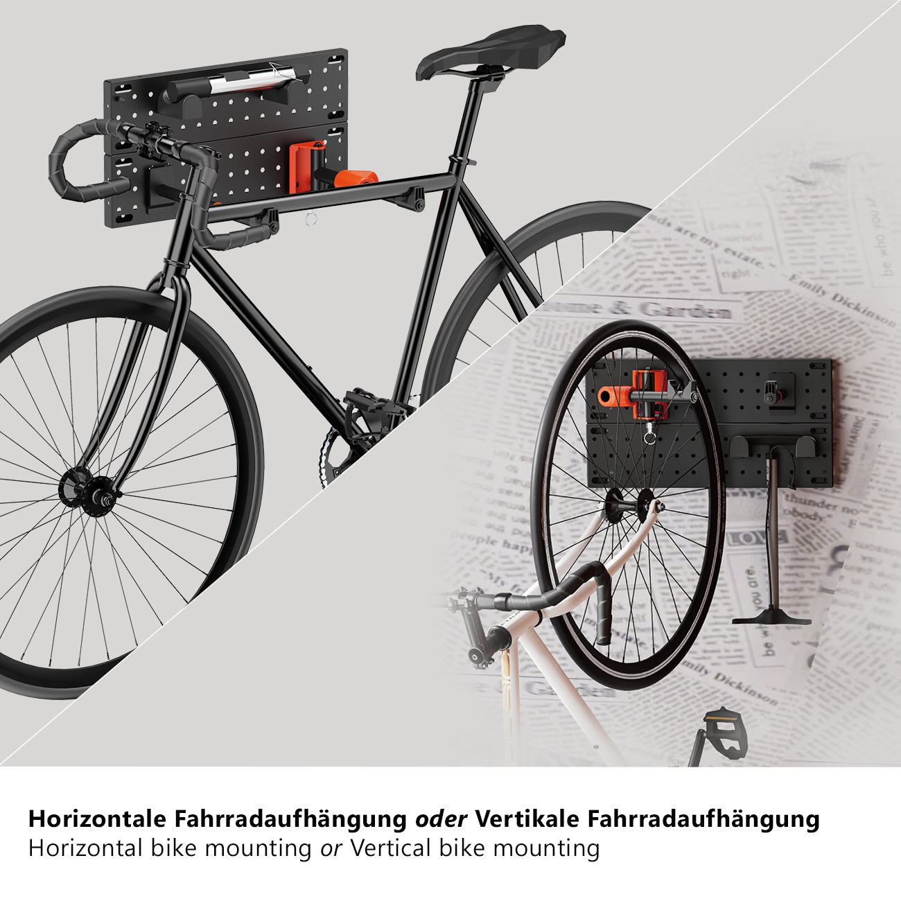 my wall modulare Fahrrad Wandhalterung - HR14L vertikale & horizontale Aufhängung, Fahrradhalterung für Räder bis 30 kg & 45 mm Reifenbreite, zwei Zusatzhaken mit je 5 kg belastbar