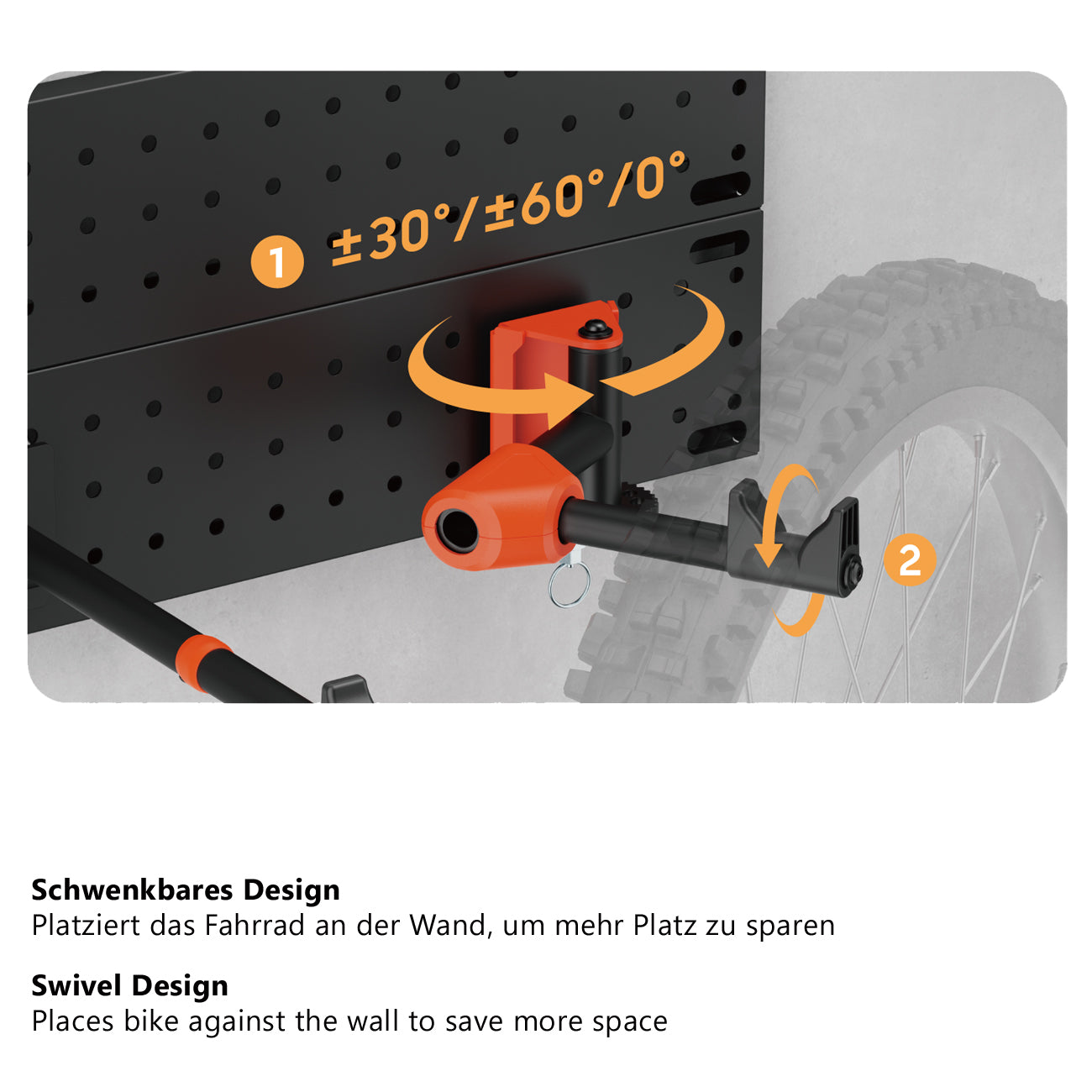 my wall modulare Fahrrad Wandhalterung - HR14L vertikale & horizontale Aufhängung, Fahrradhalterung für Räder bis 30 kg & 45 mm Reifenbreite, zwei Zusatzhaken mit je 5 kg belastbar