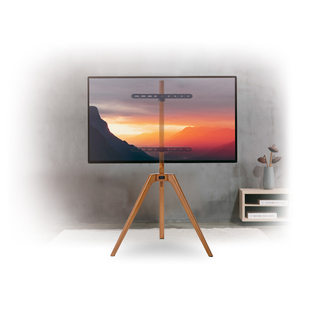 mywall TV Standfuß HT23L, TV-Ständer für Bildschirme 45-65 Zoll, TV Bodenständer aus rustikalem Massivholz in Nussbaum Optik, Universaler TV-Ständer mit Belastung bis zu 40 kg