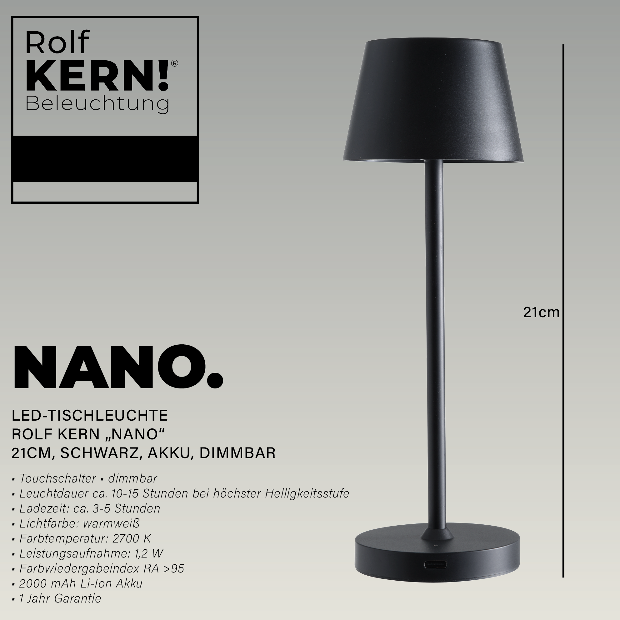 ROLF KERN LED-Tischleuchte Club Nano | 21 cm | Akku-Tischlampe dimmbar, Touch-Dimmer, warmweiß 2700K, IP54, 100lm, 1,2W, kabellose Tischlampe modern, außen, innen Schwarz [Energieklasse G]