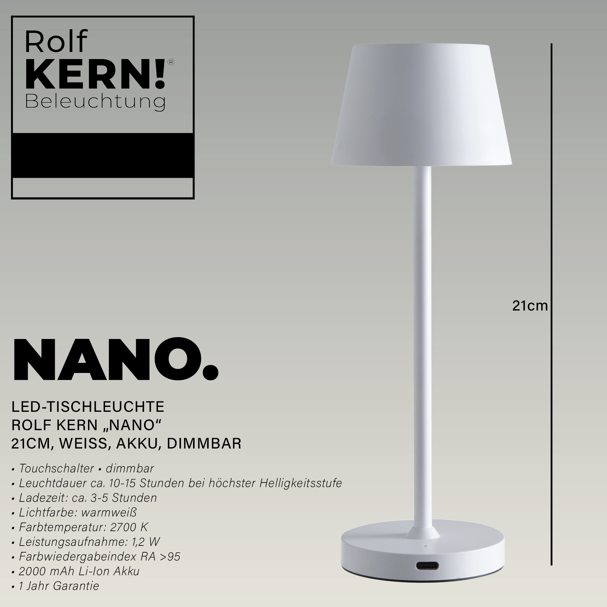 ROLF KERN LED-Tischleuchte Club Nano | 21 cm | Akku-Tischlampe dimmbar, Touch-Dimmer, warmweiß 2700K, IP54, 100lm, 1,2W, kabellose Tischlampe modern, außen, innen Weiß [Energieklasse G]