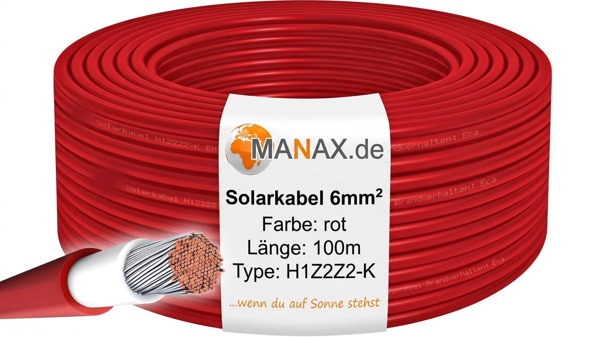 100m Solarkabel 6mm² Rot - UV-beständig, flexibel, Photovoltaik Kabel, PV Kabel, Solar Anschlusskabel für Solarpanel, Wechselrichter & Laderegler - langlebig