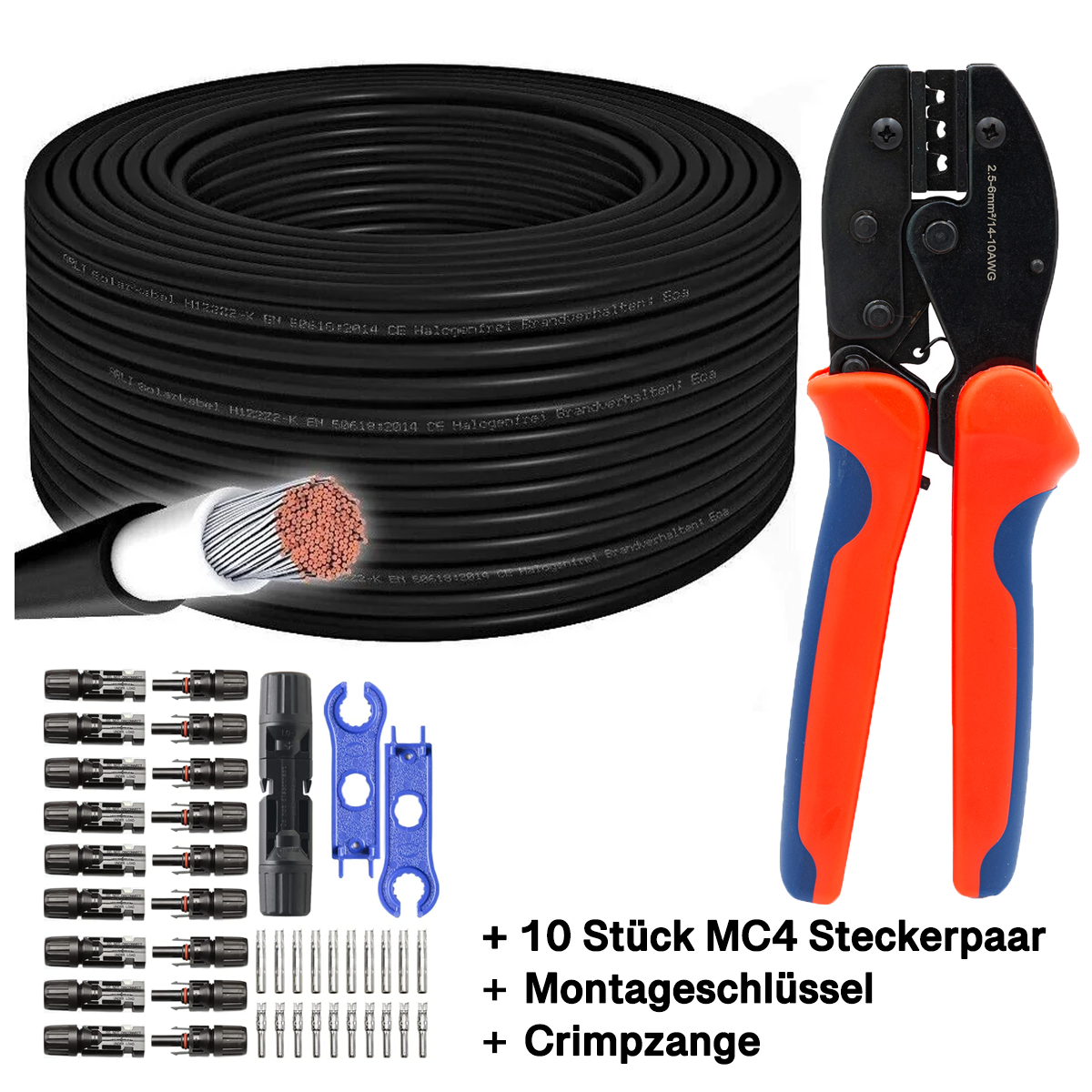 100m Solarkabel 6mm² schwarz H1Z2Z2-K Solar Kabel Crimpzange 10 Paar MC4 Solarstecker