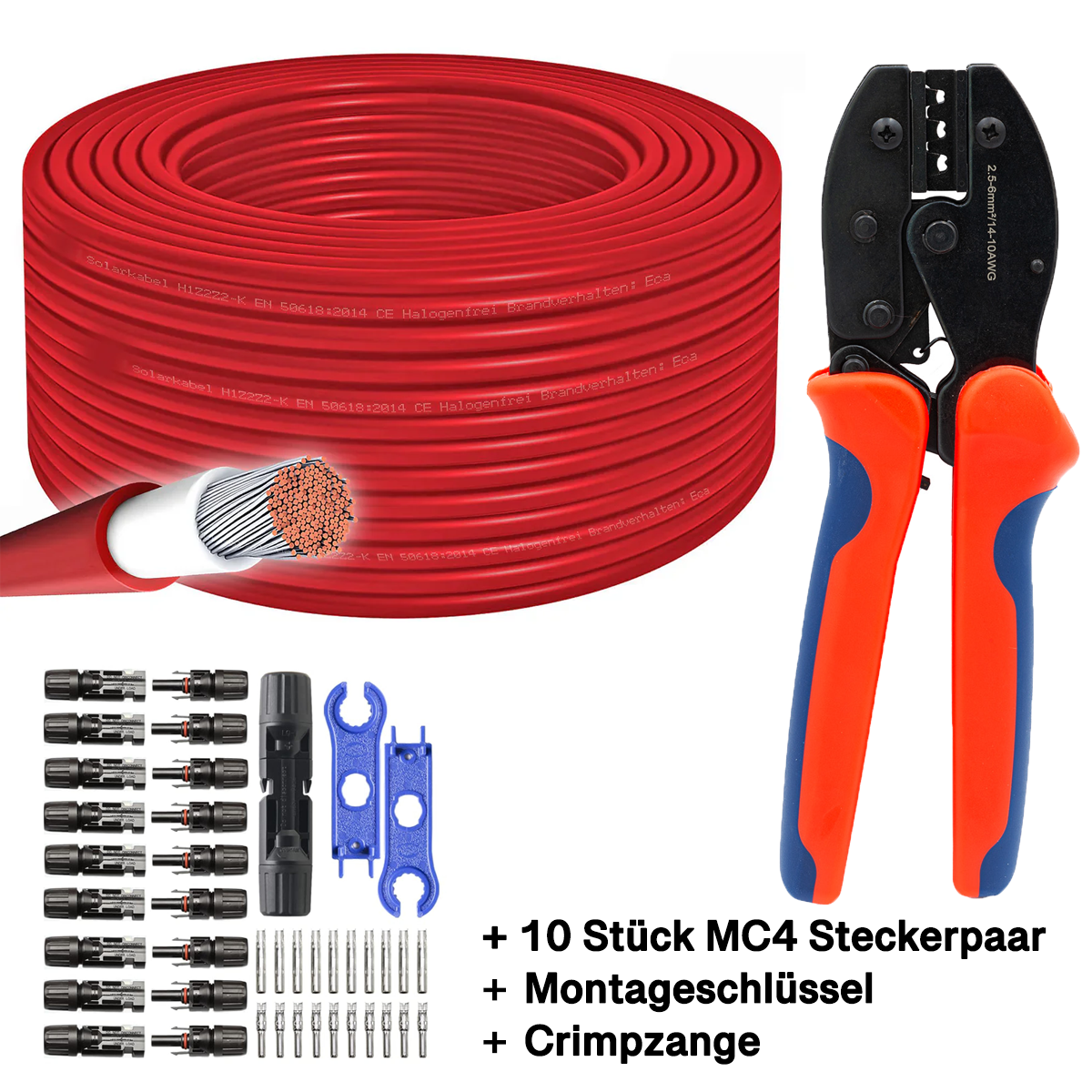 100m Solarkabel 6mm² rot H1Z2Z2-K Solar Kabel Crimpzange 10 Paar MC4 Solarstecker