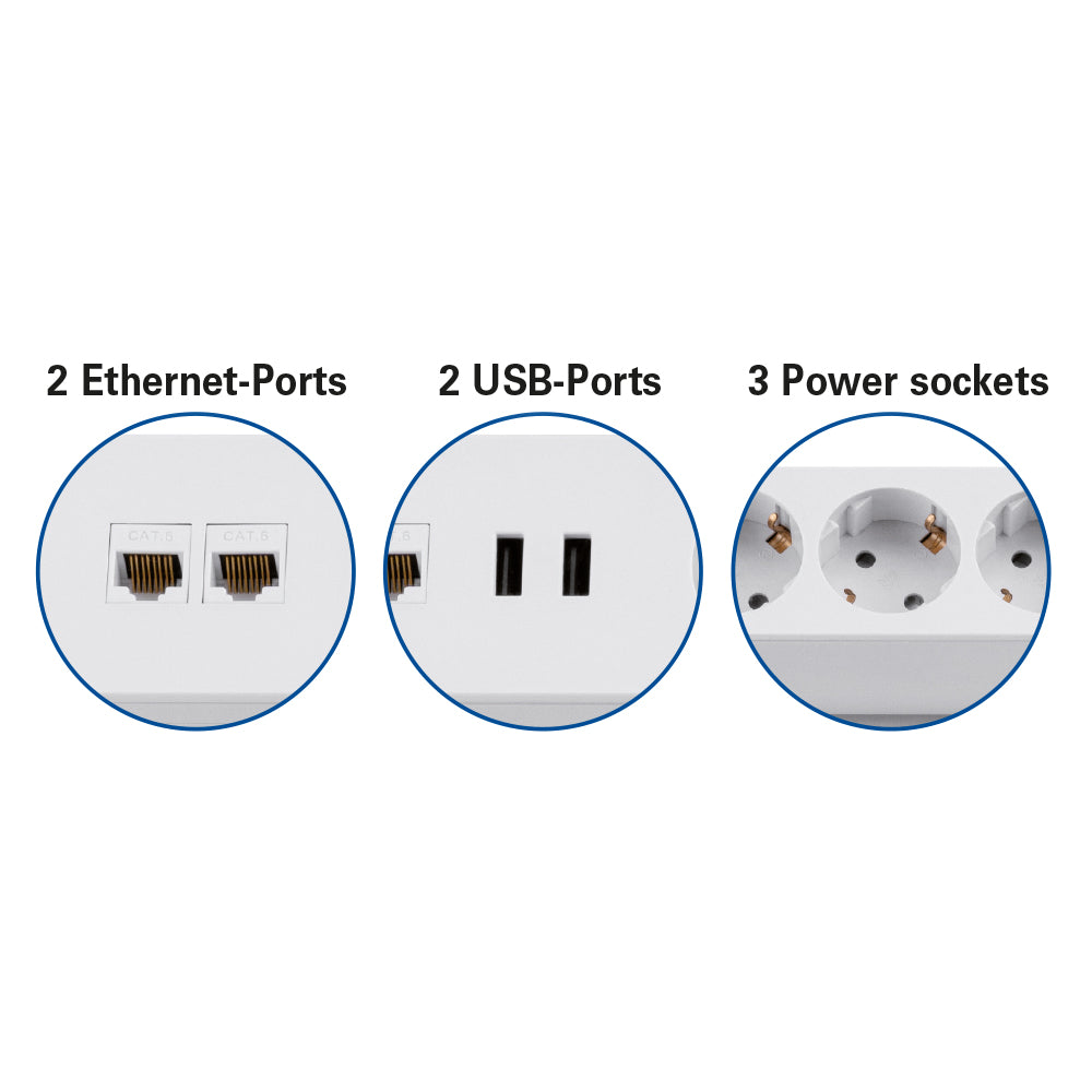 Tischsteckdose NV64L 3-Fach Schutzkontakt mit 2X USB und 2X LAN Anschluss, Mehrfachsteckdose für Zuhause Anschraubbar, Knopf zum EIN- und Ausschalten, Steckdosenleiste mit 1,8m Kabel