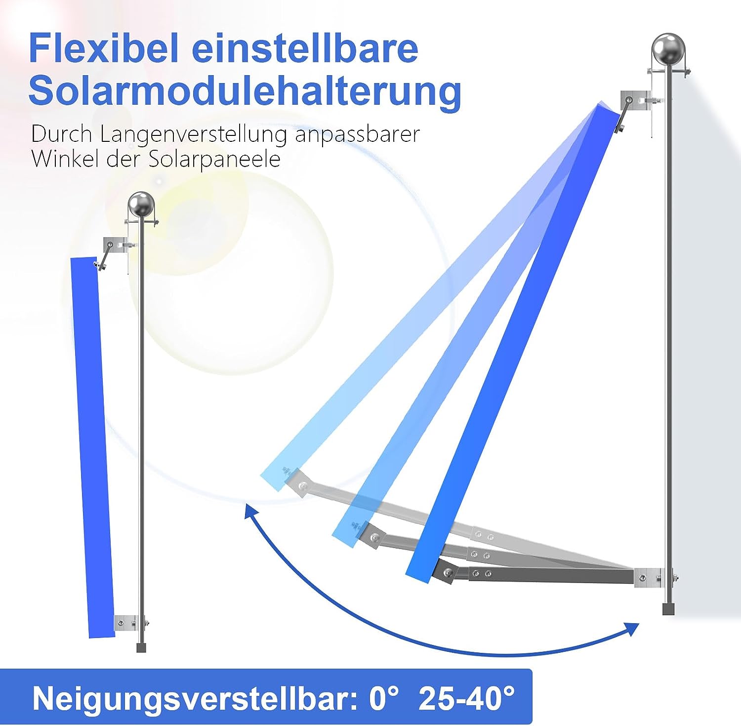 Balkonkraftwerk Halterung mit Haken - 0° 25-40° Verstellbare Befestigung für Solarpanel - Solarmodul Aufständerung für Balkonkraftwerk - PV Solar Modul Alu Halterungen