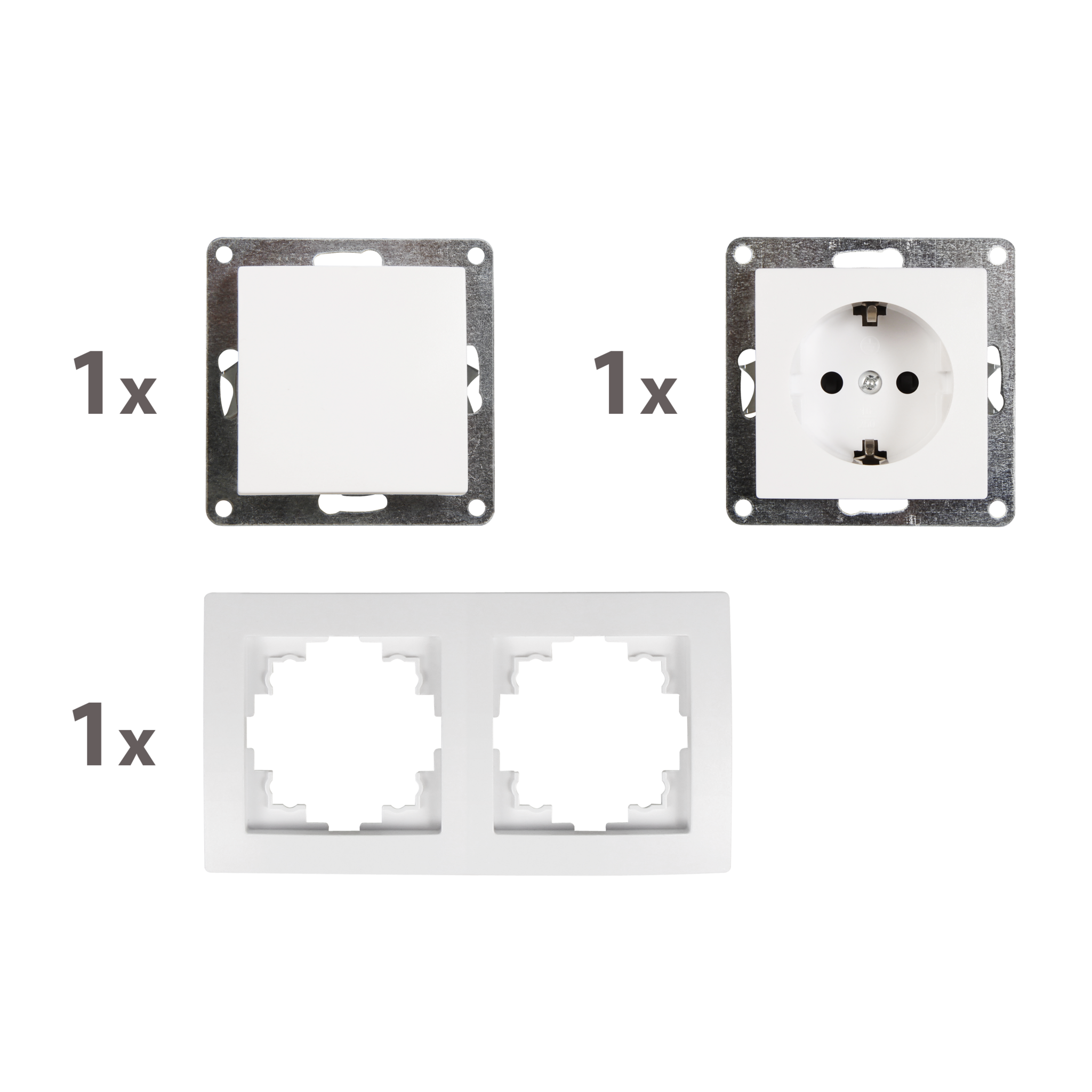 McPower Lichtschalter-Steckdosen Kombination | Flair | 2-fach Set, Schalter und Steckdose mit Rahmen, 250V~/10A, Unterputz, für Wohnräume, Küche, Büro, weiß matt