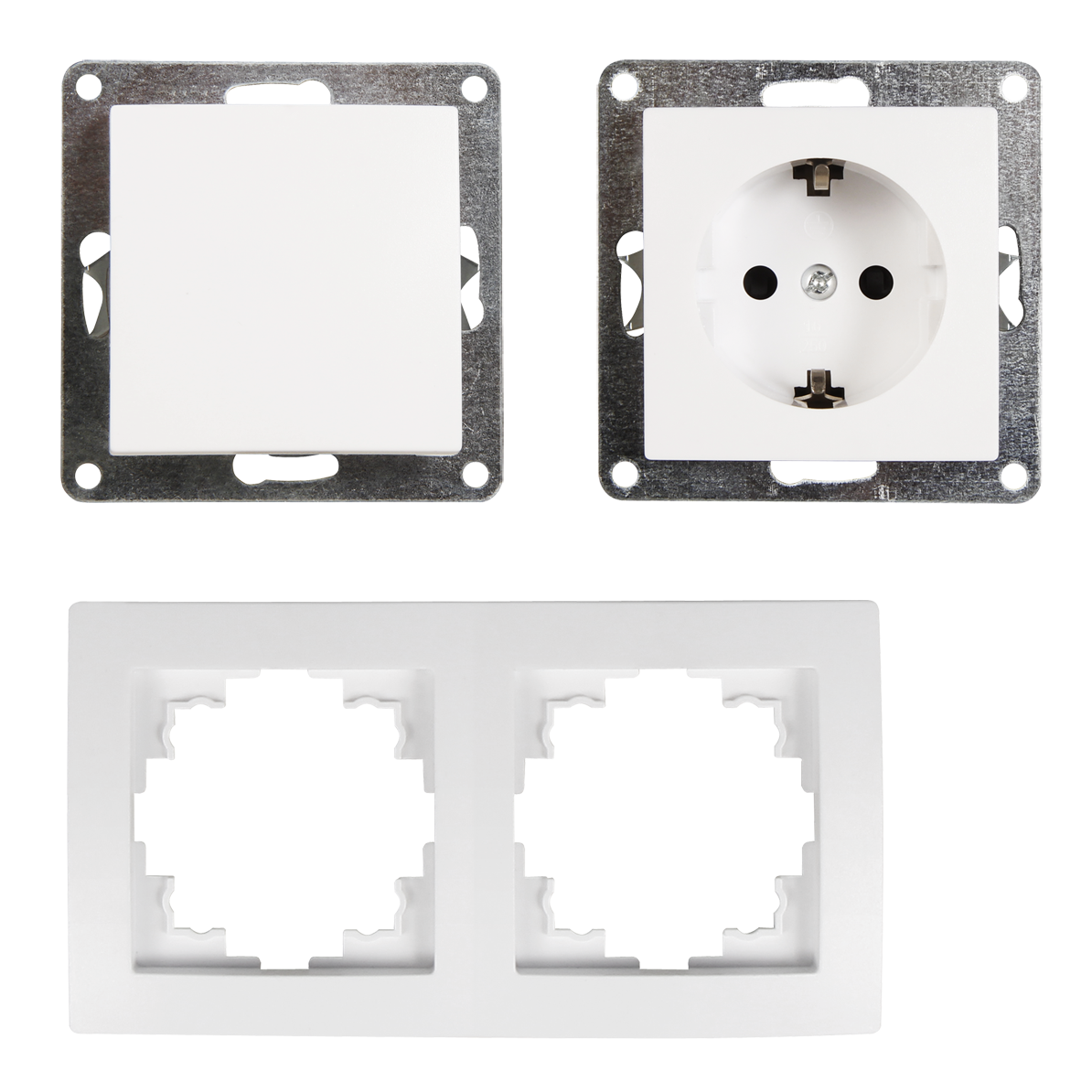 McPower Lichtschalter-Steckdosen Kombination | Flair | 2-fach Set, Schalter und Steckdose mit Rahmen, 250V~/10A, Unterputz, für Wohnräume, Küche, Büro, weiß matt