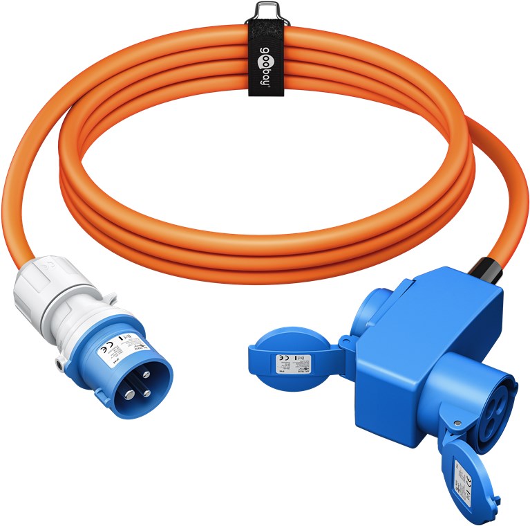 goobay CEE Adapterkabel Wohnmobil 1,5m CEE-Stecker auf 90° CEE-Kupplung und Schutzkontakt mit Verschlusskappen, Kabel für Camping, Wohnmobil und Wohnwagen