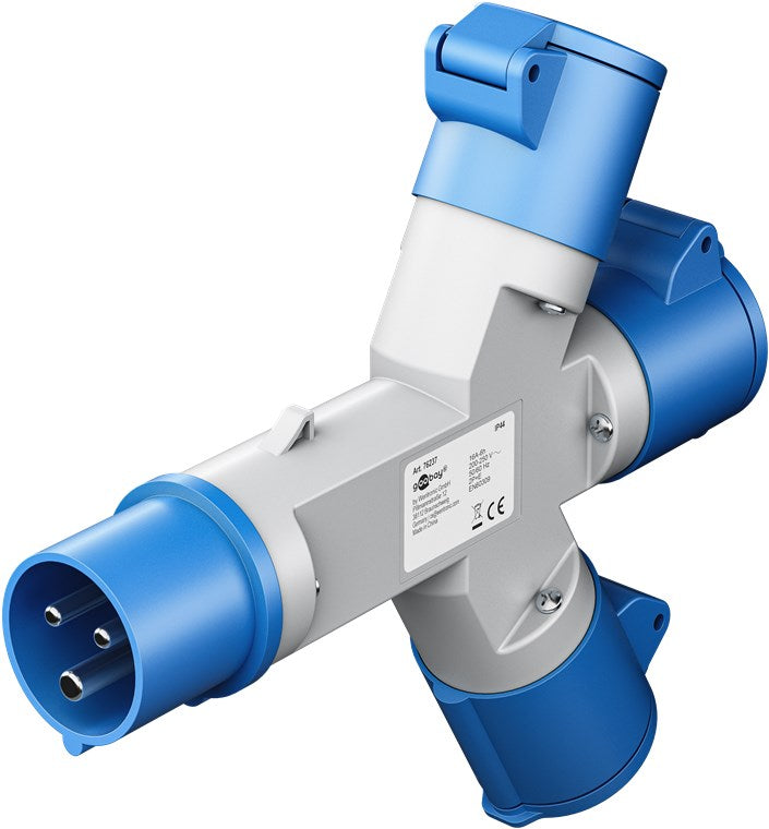 goobay CEE-Adapter für Wohnwagen, CEE-Stecker auf 3 x CEE-Buchse, tragbar, mit Schutzabdeckung, wasserdicht IP44