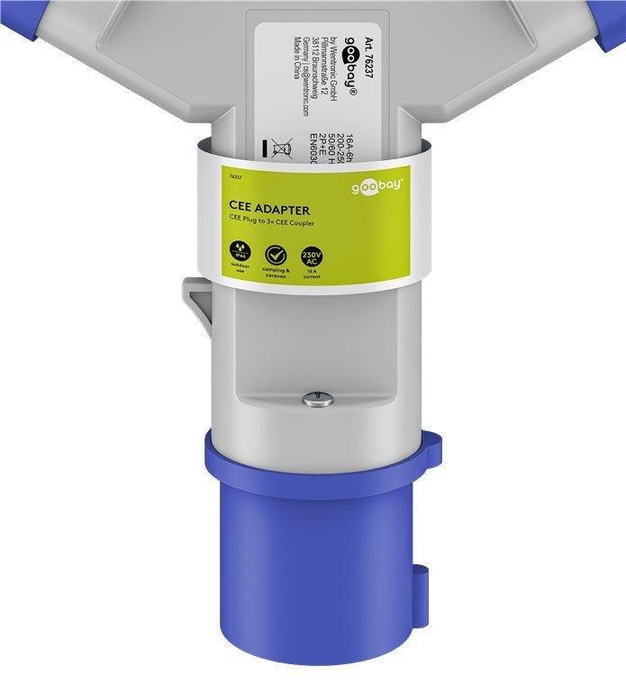 goobay CEE-Adapter für Wohnwagen, CEE-Stecker auf 3 x CEE-Buchse, tragbar, mit Schutzabdeckung, wasserdicht IP44