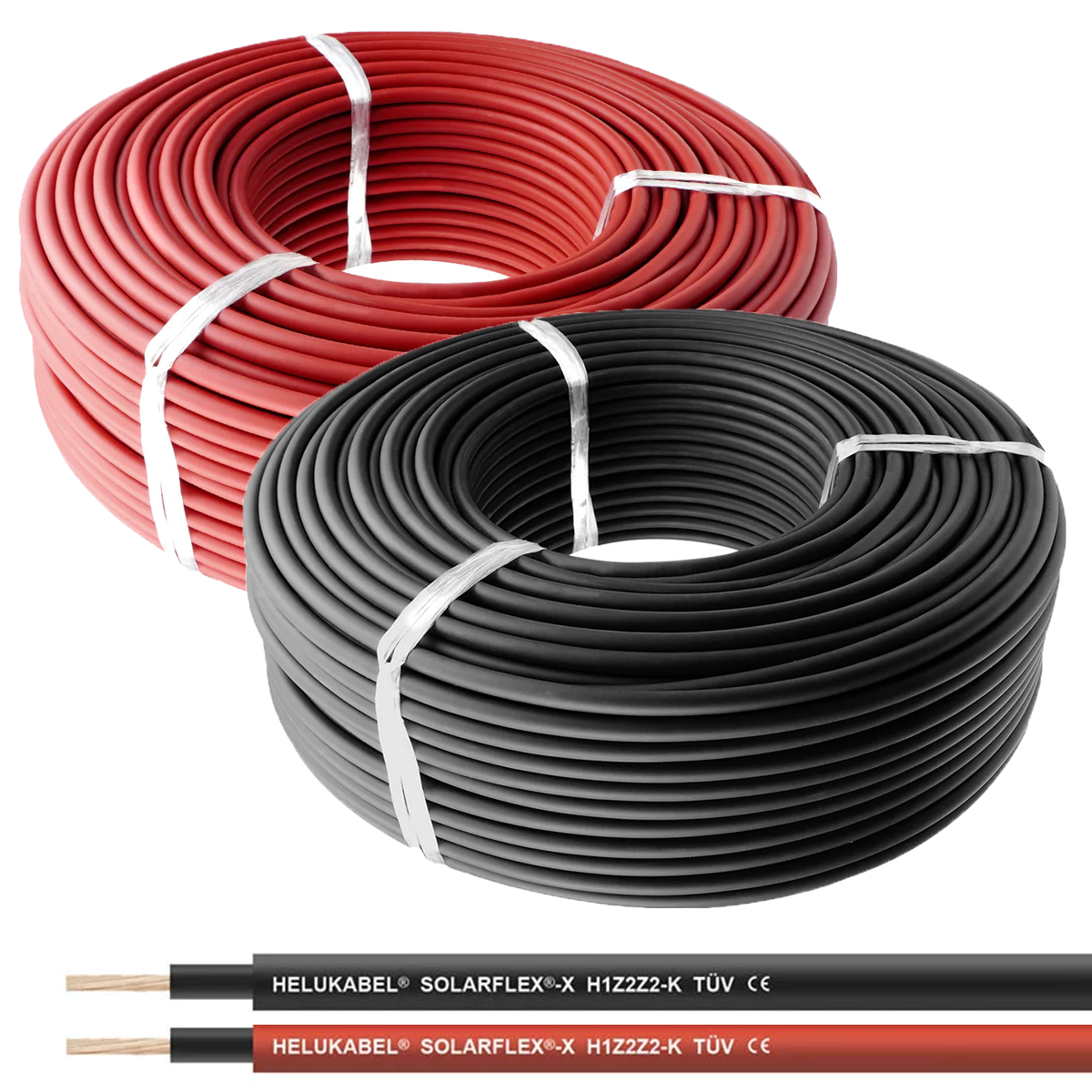 2er Pack rot + schwarz Solarkabel 6mm² - je 100m - UV-beständig, halogenfrei, flexibel, Photovoltaik Kabel, PV Kabel für Solarpanel, Wechselrichter & Laderegler