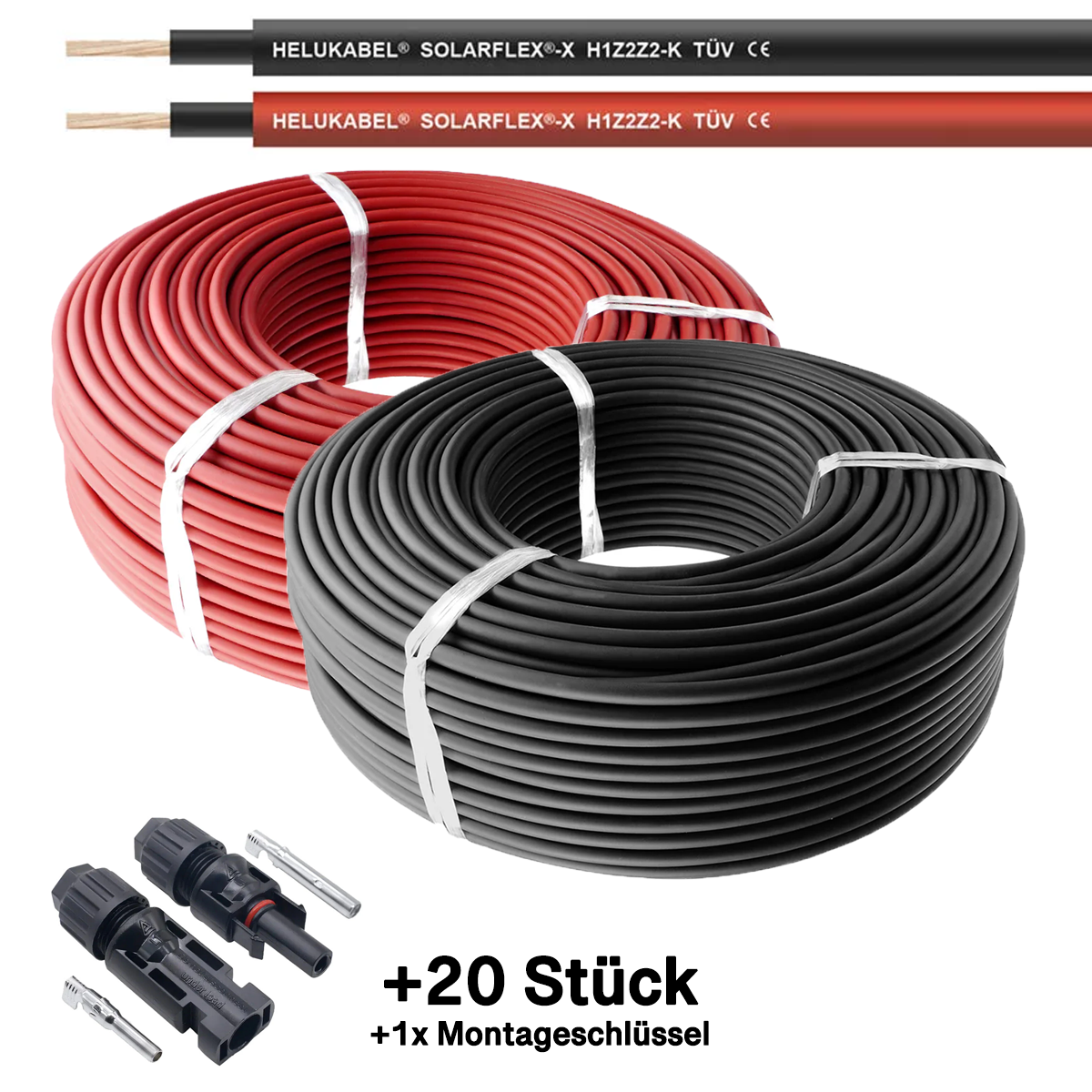 2er Pack rot + schwarz Solarkabel 6mm² - je 100m - UV-beständig, halogenfrei, flexibel ... inkl. 20x MC4 Solarstecker