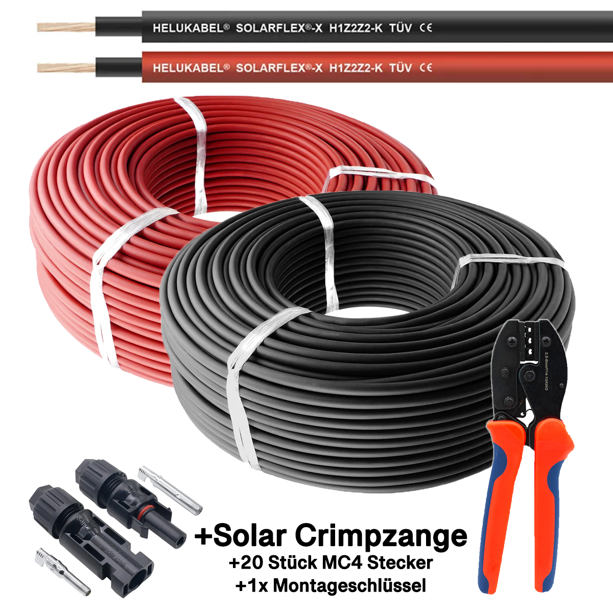 2er Pack rot + schwarz Solarkabel 6mm² - je 100m - UV-beständig, halogenfrei, flexibel ... inkl. Solar Crimpzange und 20x MC4 Solarstecker