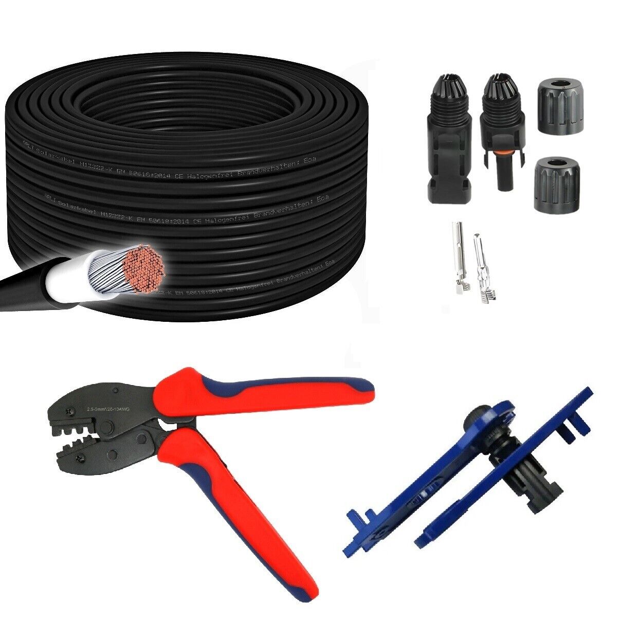 100m Solarkabel 6mm² schwarz H1Z2Z2-K Solar Kabel Crimpzange 10 Paar MC4 Solarstecker
