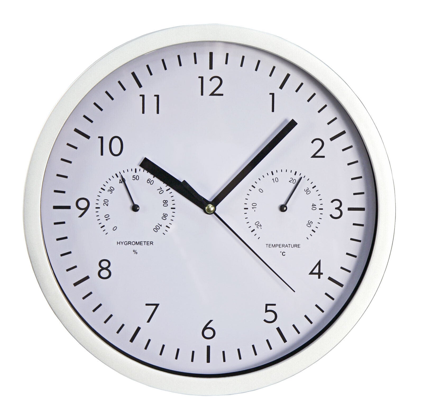 Wand Büro Bahnhofs Uhr mit Thermo + Hygrometer Anzeige weißes Ziffernblatt Ø25cm
