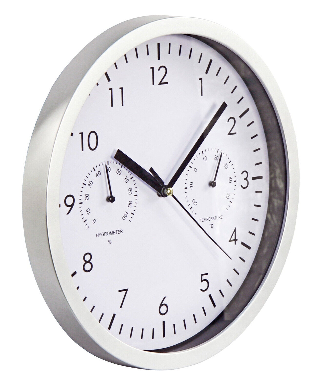 Wand Büro Bahnhofs Uhr mit Thermo + Hygrometer Anzeige weißes Ziffernblatt Ø25cm