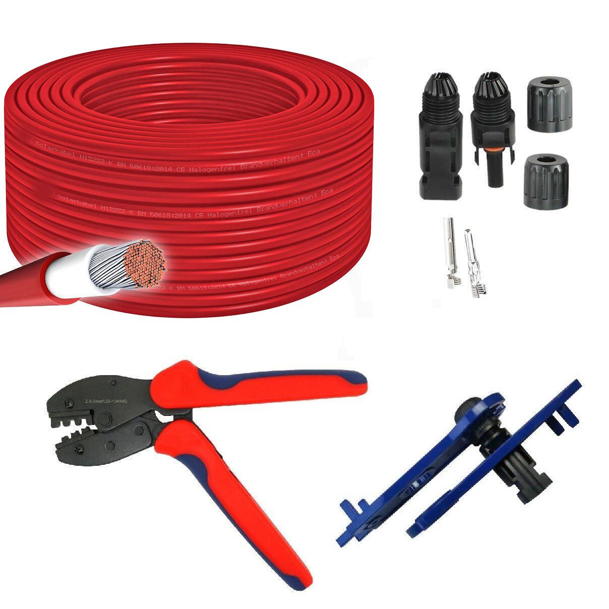 50m Solarkabel 6mm² rot H1Z2Z2-K Solar Kabel Crimpzange 10 Paar MC4 Solarstecker